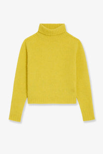 A vibrant yellow wool turtleneck sweater with ribbed texture and subtle brand logo by Celine women’s collection