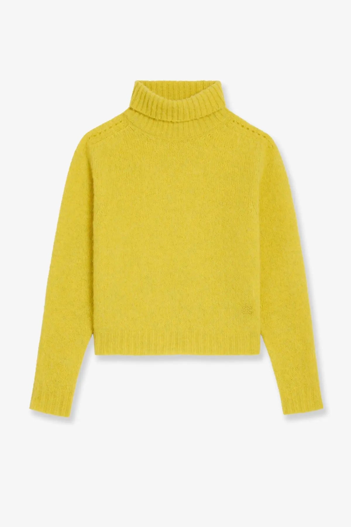 A vibrant yellow wool turtleneck sweater by Celine with ribbed texture and subtle brand logo on the lower left side