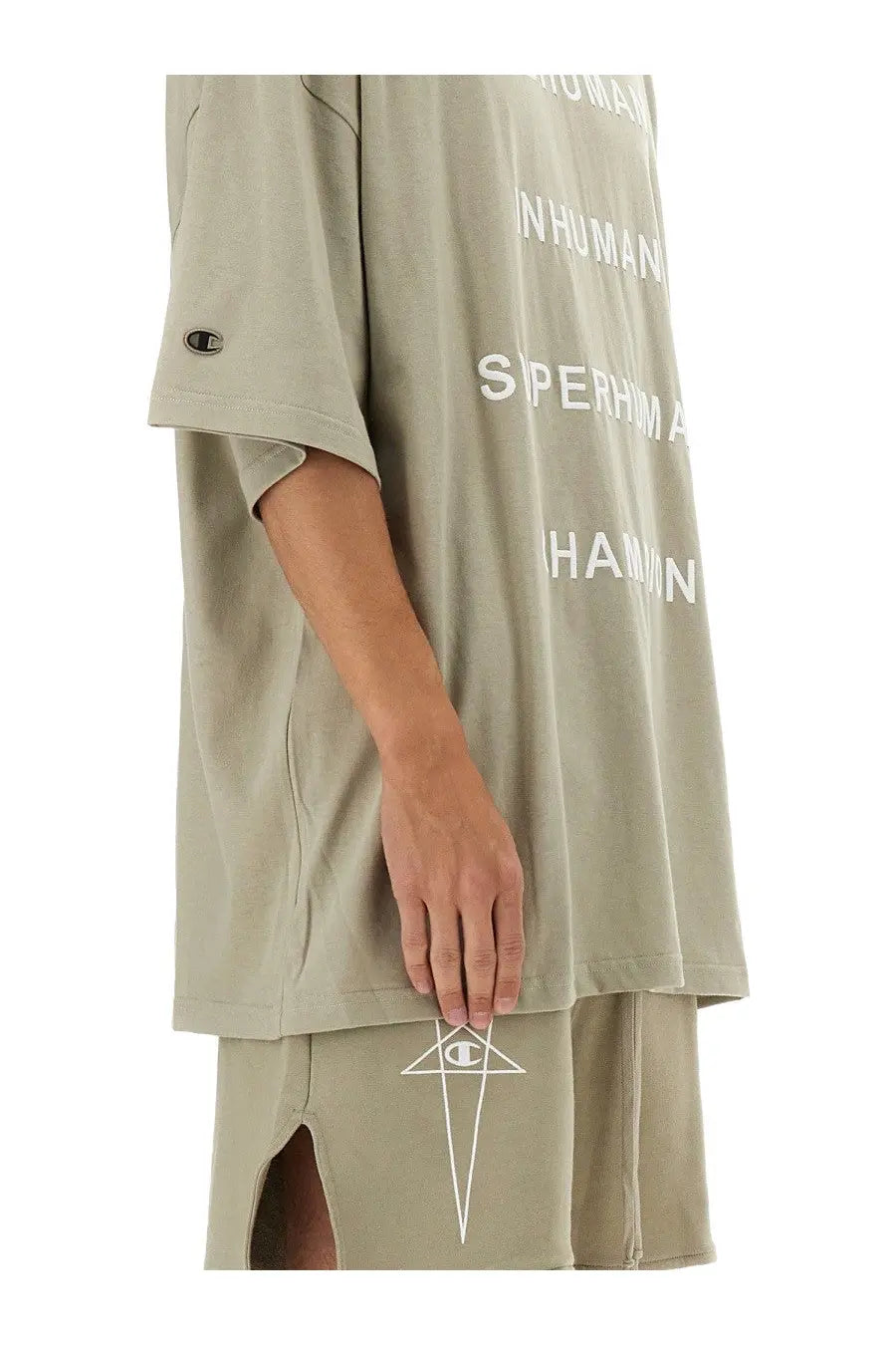 Olive green champion x rick owens men’s t-shirt with white human text and logo on sleeve in tommy beige style