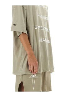 Olive green champion x rick owens men’s t-shirt with white human text and logo on sleeve in tommy beige style