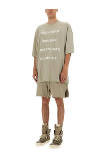 Oversized olive green champion x rick owens men’s cotton t-shirt with bold white subhuman inhuman superhuman champion text