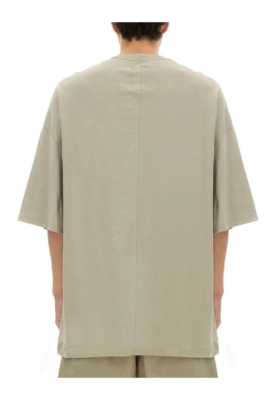 Beige oversized short-sleeved champion x rick owens men’s shirt with central back seam shown from the back side