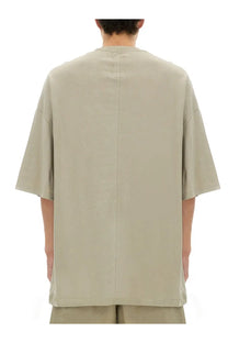 Beige oversized short-sleeved champion x rick owens men’s shirt with central back seam shown from the back side