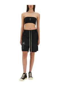 Black Champion X Rick Owens women’s athletic shorts with white embroidered logo and contrasting zipper detail