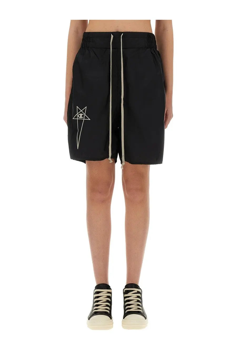 Champion X Rick Owens women’s black athletic shorts with white embroidered logo and matching drawstrings on left thigh