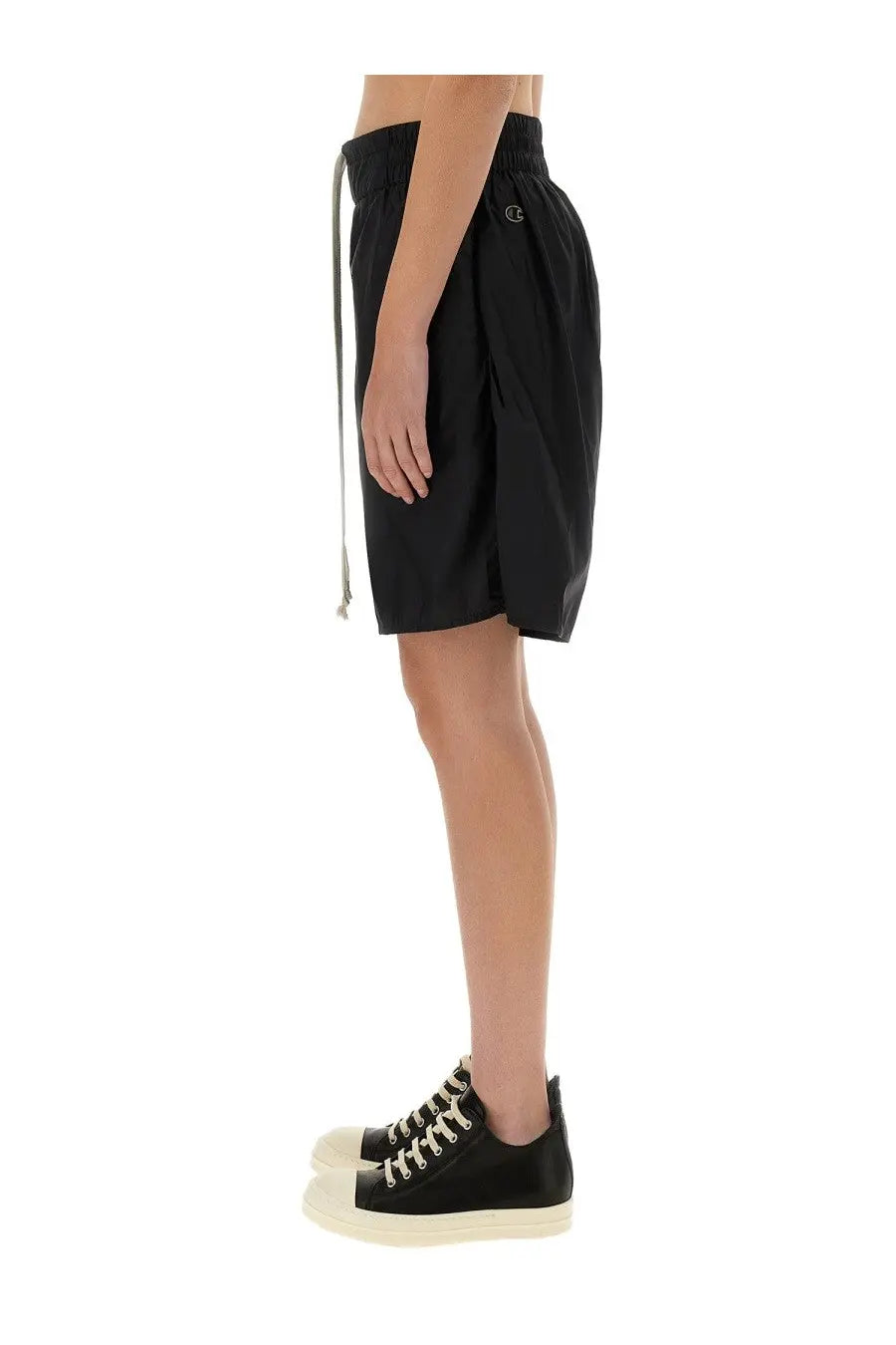 Champion x Rick Owens women’s black drawstring shorts with relaxed fit and subtle side branding for casual wear