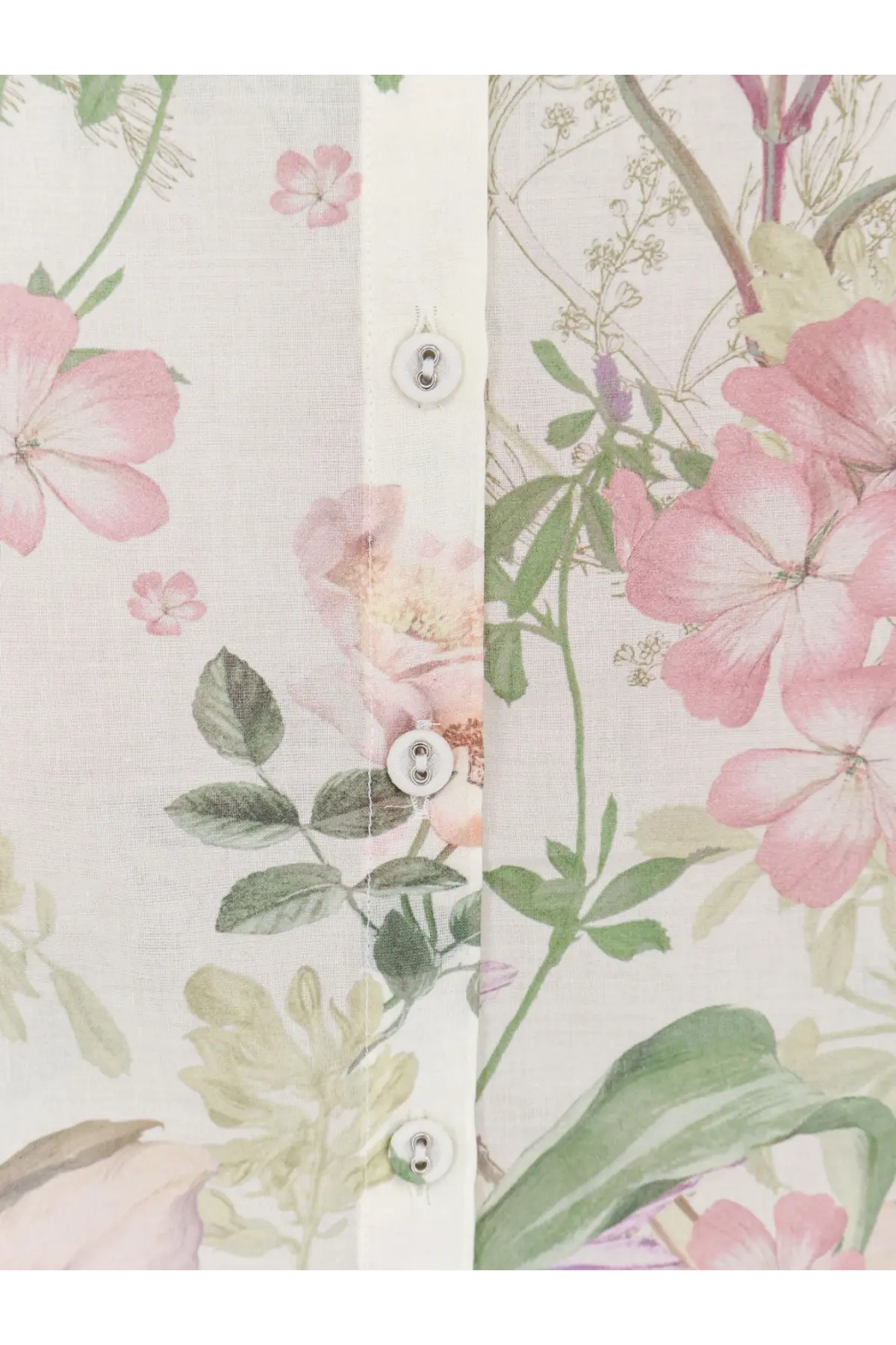 Charo Ruiz Ibiza women’s aster shirt white with delicate floral pastel pink and green linen texture and silver buttons