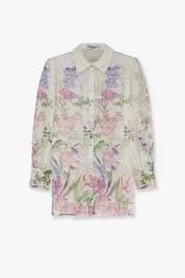 Charo Ruiz Ibiza women’s aster shirt white delicate ivory sheer blouse with vibrant pink purple floral pattern and green leaves