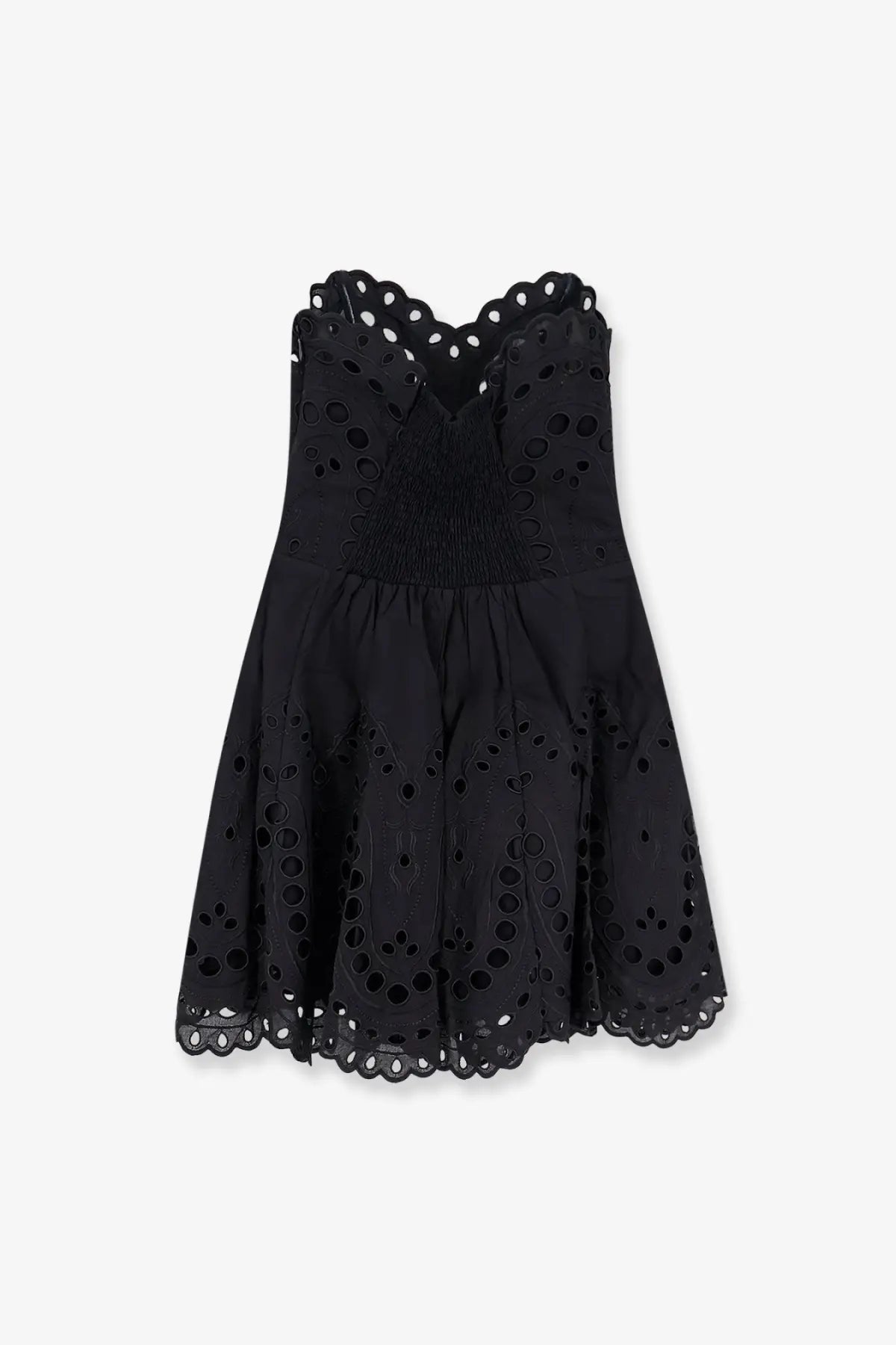 Black eyelet bail short dress by charo ruiz ibiza with fitted bodice and flared skirt in black