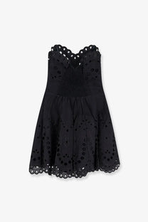 Black eyelet bail short dress by charo ruiz ibiza with fitted bodice and flared skirt in black