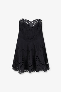 Black eyelet lace bail short dress by charo ruiz ibiza with fitted bodice and flared skirt in black