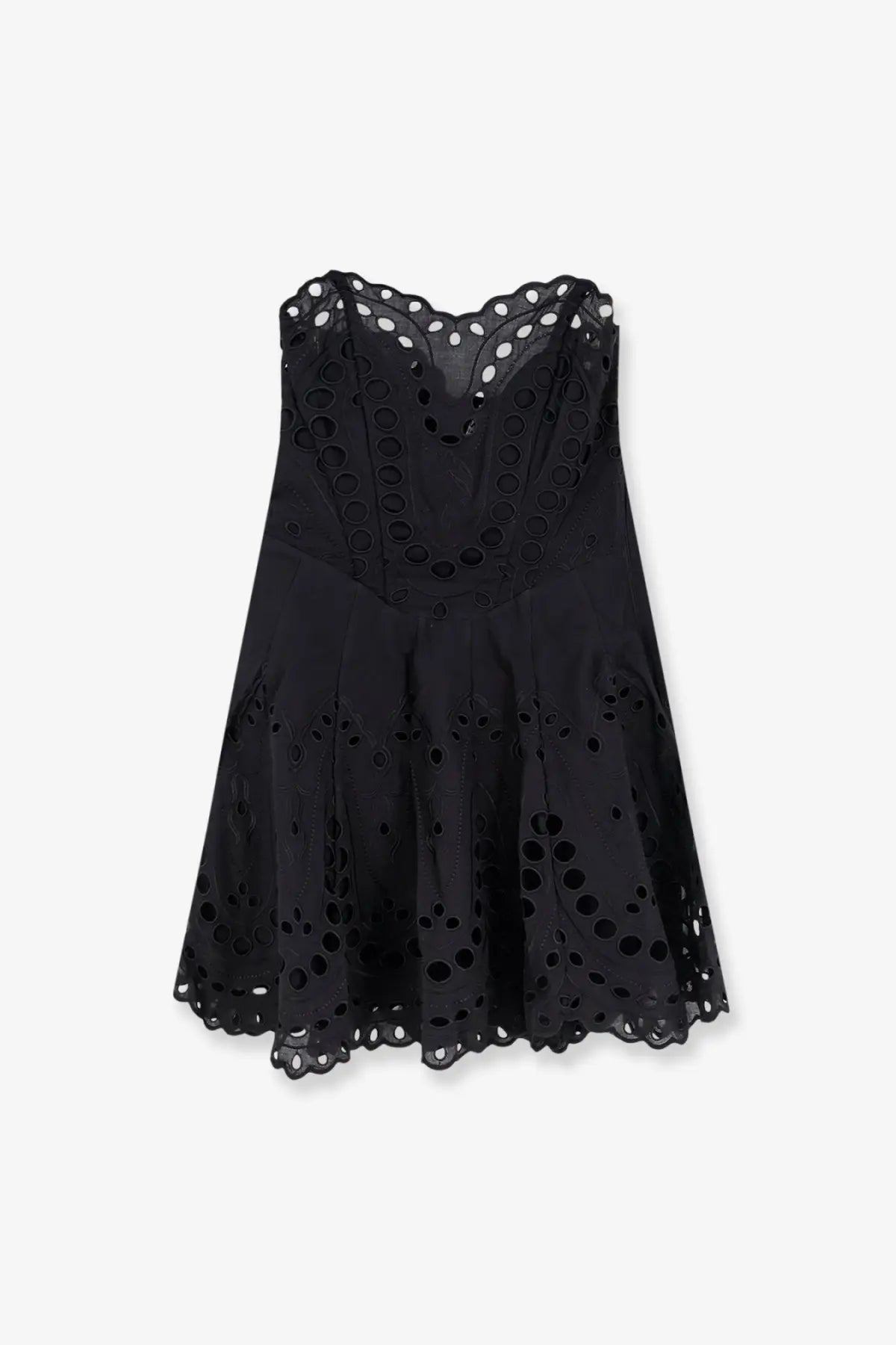 Charo Ruiz Ibiza women’s bail short dress in black eyelet lace with fitted bodice and flared skirt front view