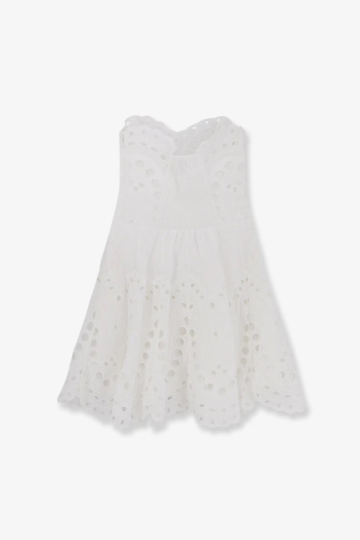 A delicate white eyelet dress with fitted bodice and flared skirt from charo ruiz ibiza women’s bail short dress collection