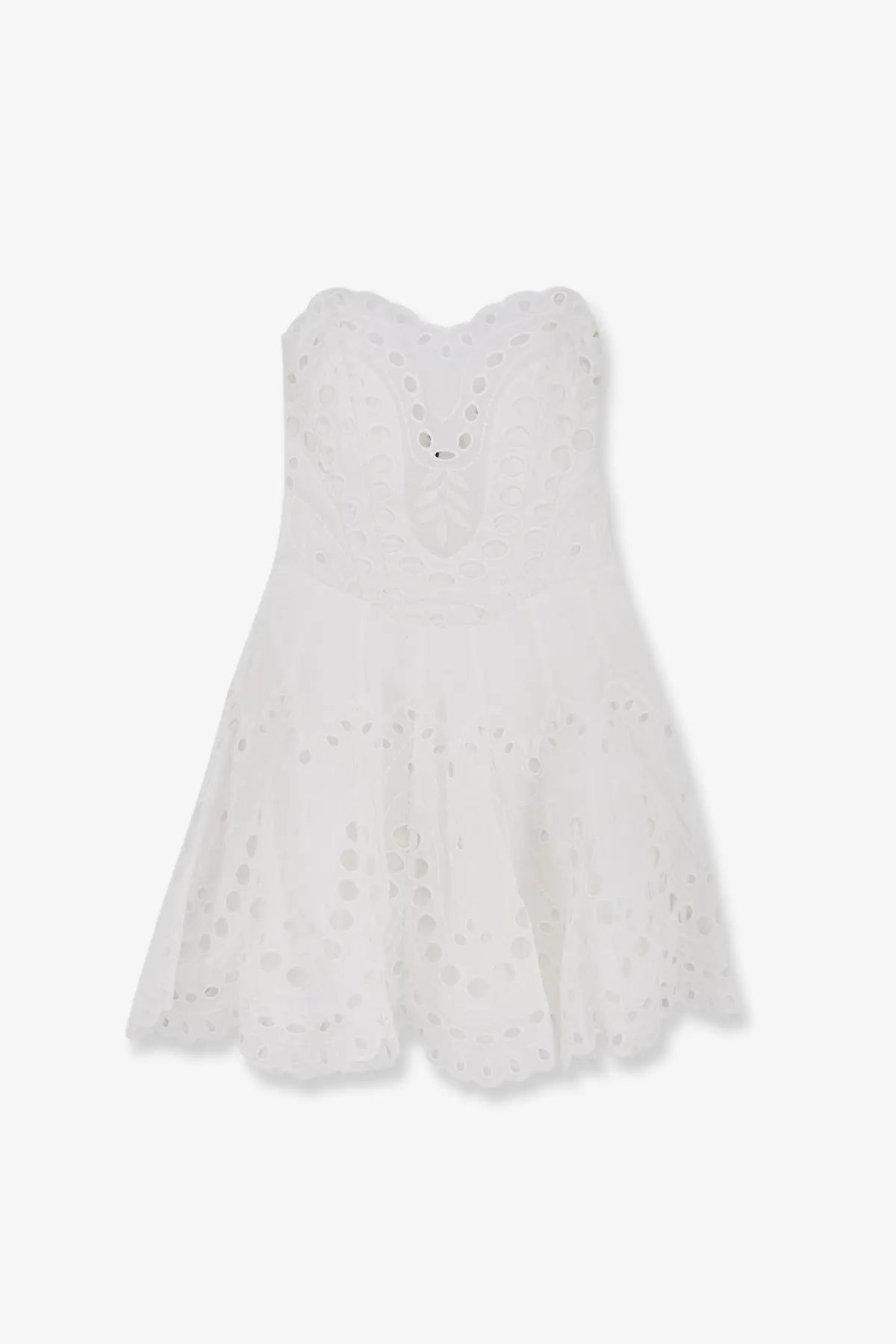 Charo Ruiz Ibiza women’s bail short strapless dress in white eyelet lace with flared skirt and scalloped hem