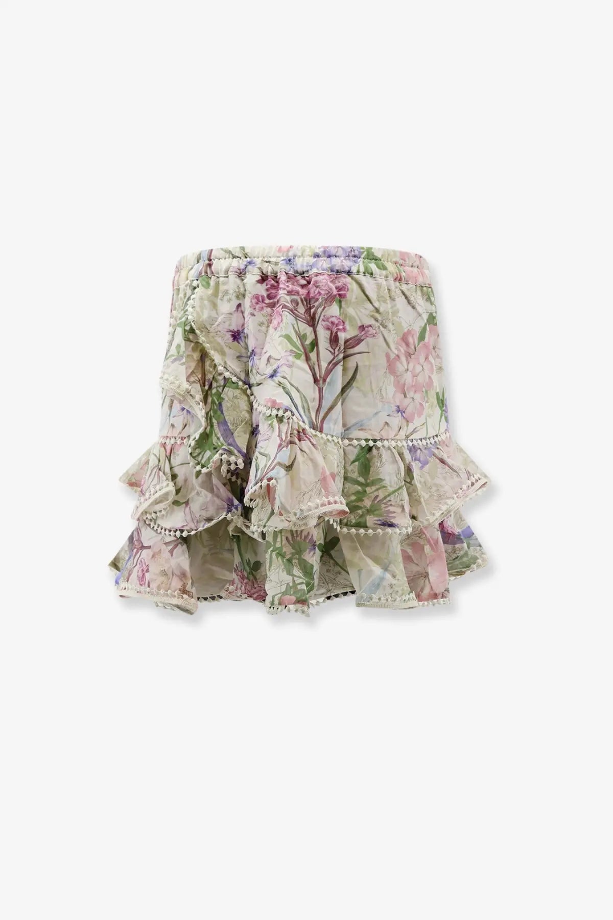Charo Ruiz Ibiza women’s Fera mini skirt in white featuring a tiered floral design with ruffled hem and lace trim