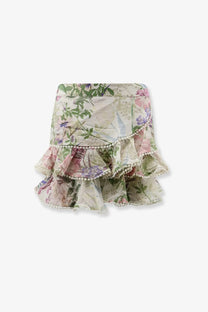 Charo Ruiz Ibiza women’s fera mini skirt white featuring a floral-patterned tiered design with delicate ruffles and sheen