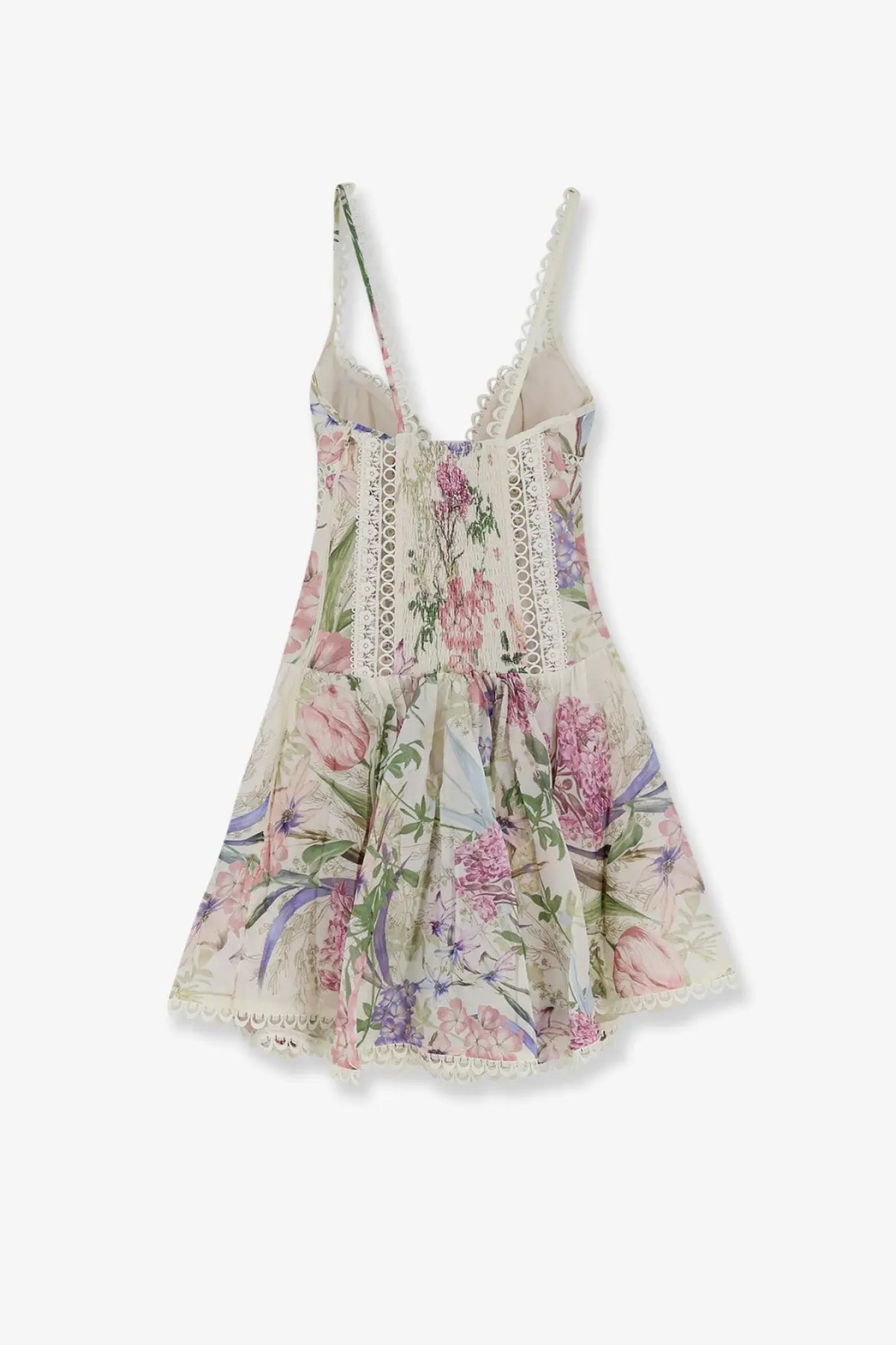 Charo Ruiz Ibiza women’s gardenia mini dress white with delicate floral print, spaghetti straps, and lace trim