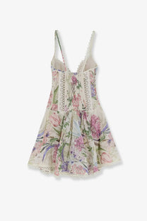 Charo Ruiz Ibiza women’s gardenia mini dress white with delicate floral print, spaghetti straps, and lace trim