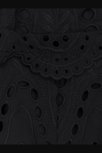 Charo Ruiz Ibiza women’s glimmer long dress black featuring black embroidered lace with intricate circular and leaf patterns