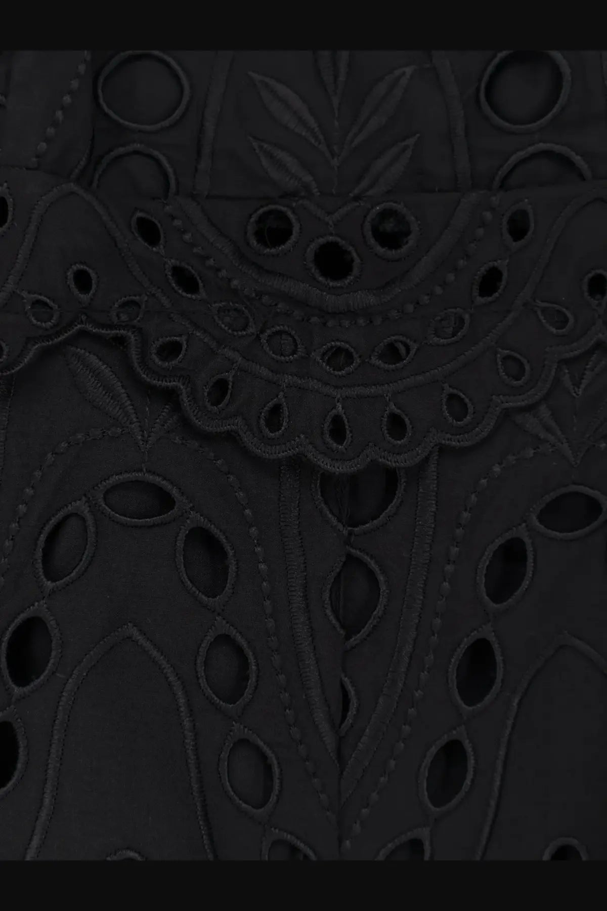 Black embroidered lace with intricate circular and leaf patterns on charo ruiz ibiza women’s glimmer long dress