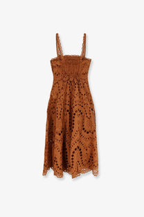 Charo ruiz ibiza women’s glimmer long rust-colored lace dress with thin spaghetti straps and smocked bodice