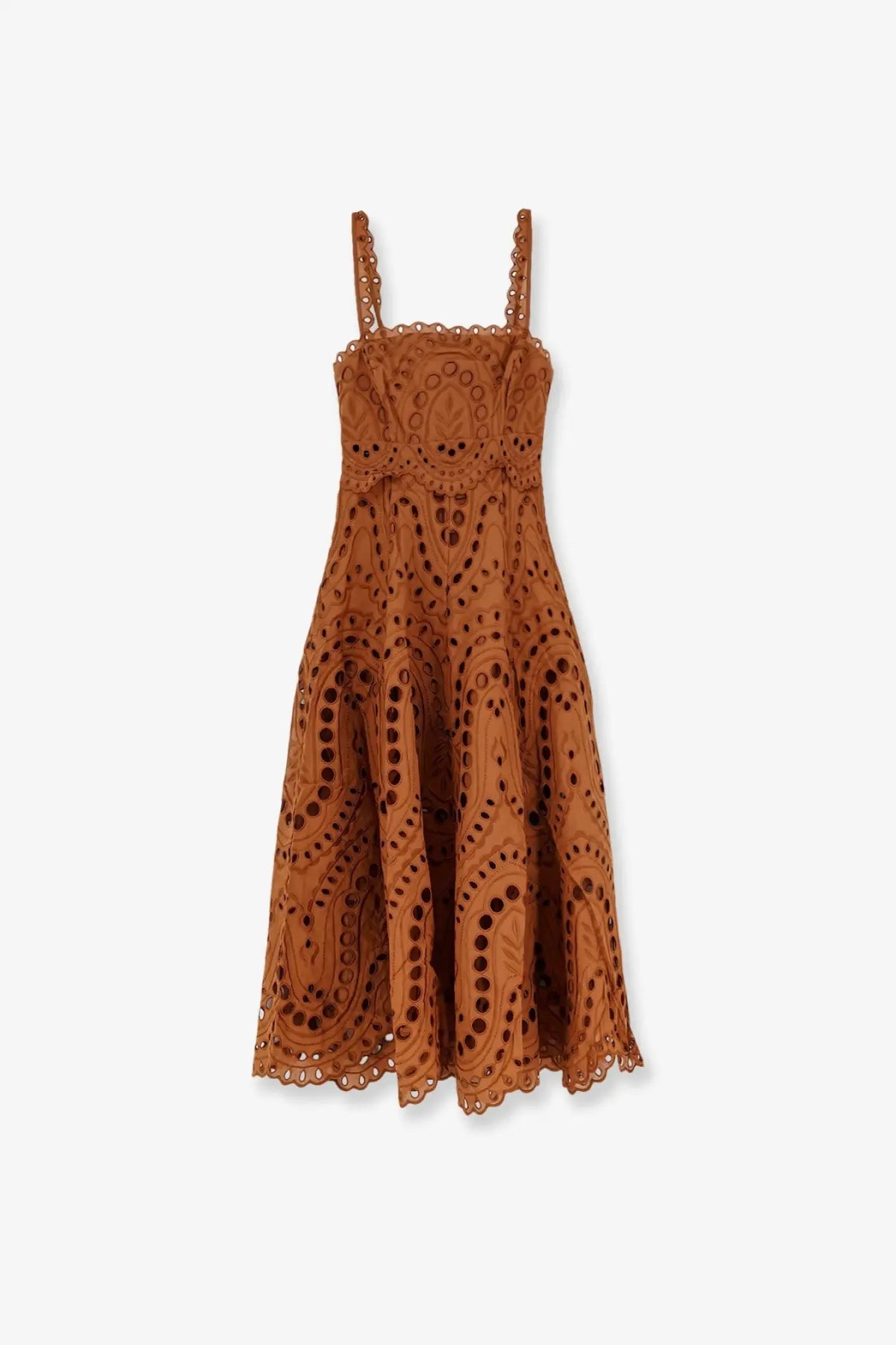 Charo Ruiz Ibiza women’s glimmer long dress brown rust eyelet lace midi with delicate spaghetti straps and flowing skirt