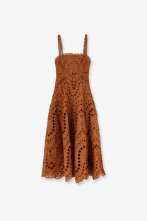 Charo Ruiz Ibiza women’s glimmer long dress brown rust eyelet lace midi with delicate spaghetti straps and flowing skirt