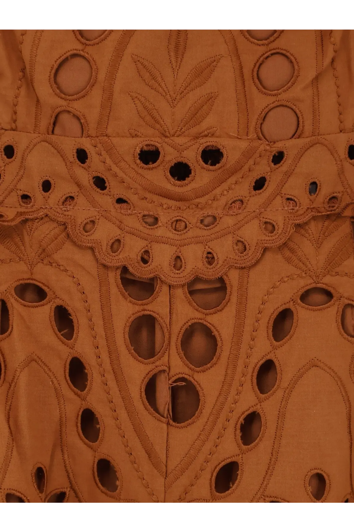 Tan eyelet lace fabric with intricate floral and geometric cut-out patterns on charo ruiz ibiza womens glimmer long dress brown