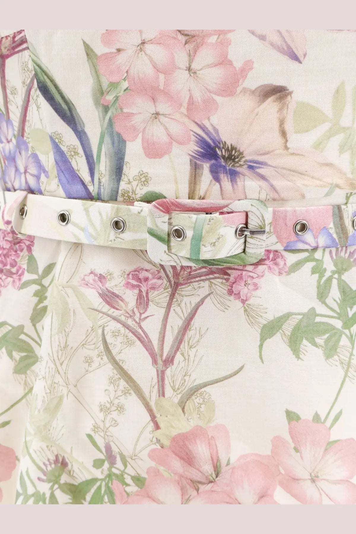 Charo ruiz ibiza womens iraso dress white with a floral patterned belt in pastel pink and purple on cream background