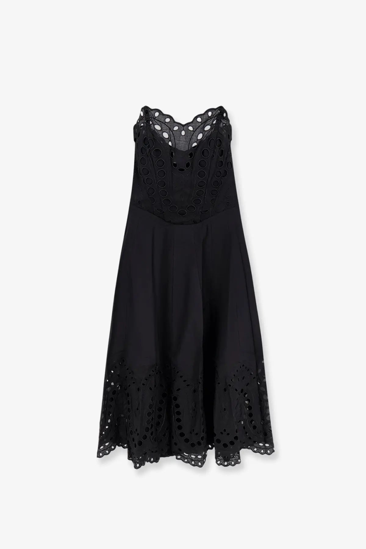 Charo Ruiz ibiza women’s marlin long black sleeveless dress with intricate eyelet embroidery on neckline and hem