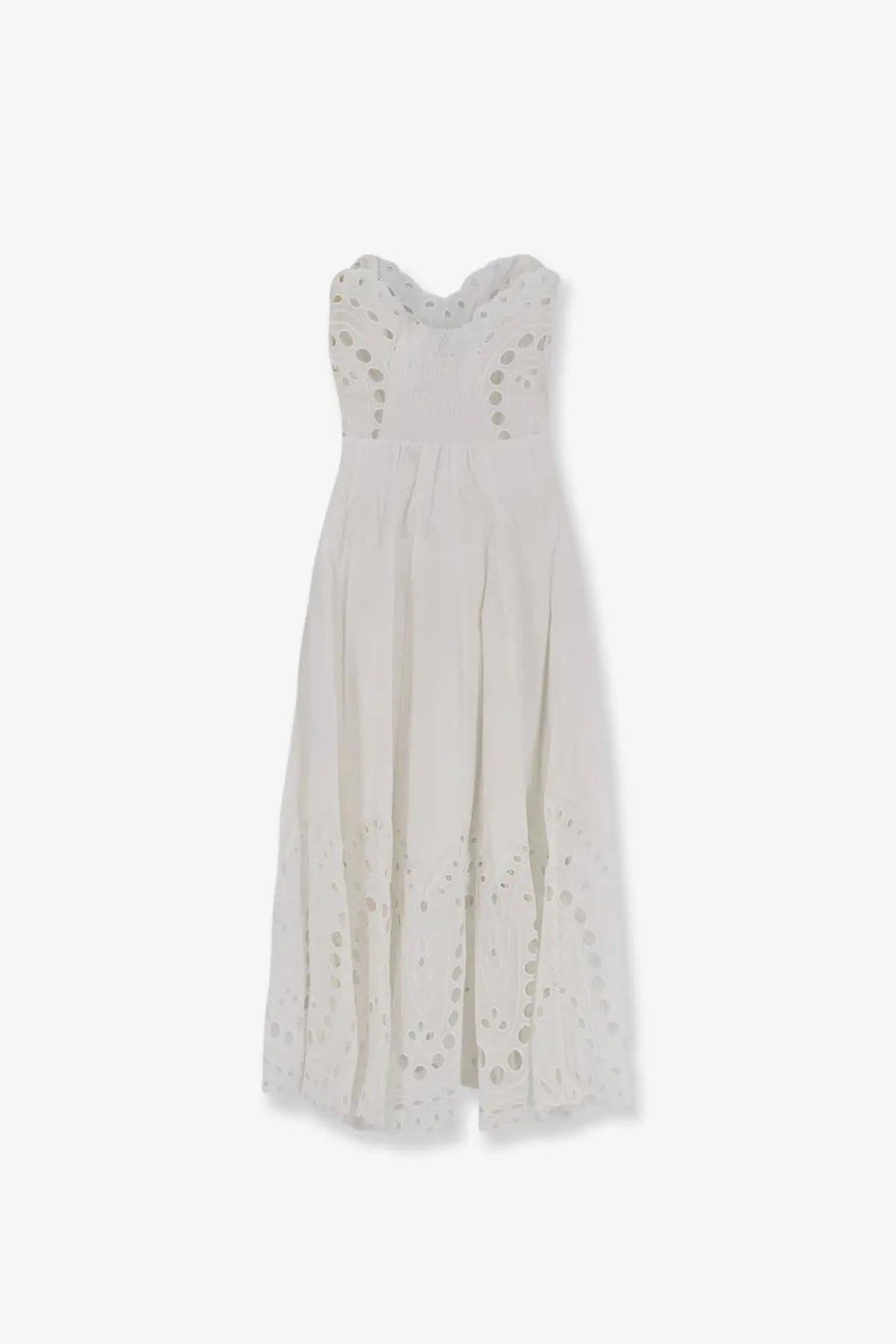Charo Ruiz Ibiza women’s marlin long dress white with off-white eyelet fabric, fitted bodice, and circular cutouts