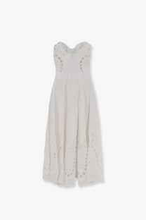 Charo Ruiz Ibiza women’s marlin long dress white with off-white eyelet fabric, fitted bodice, and circular cutouts