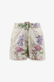 Charo Ruiz Ibiza women’s beige floral print cotton blend shorts with matching belt featuring purple and pink blossoms