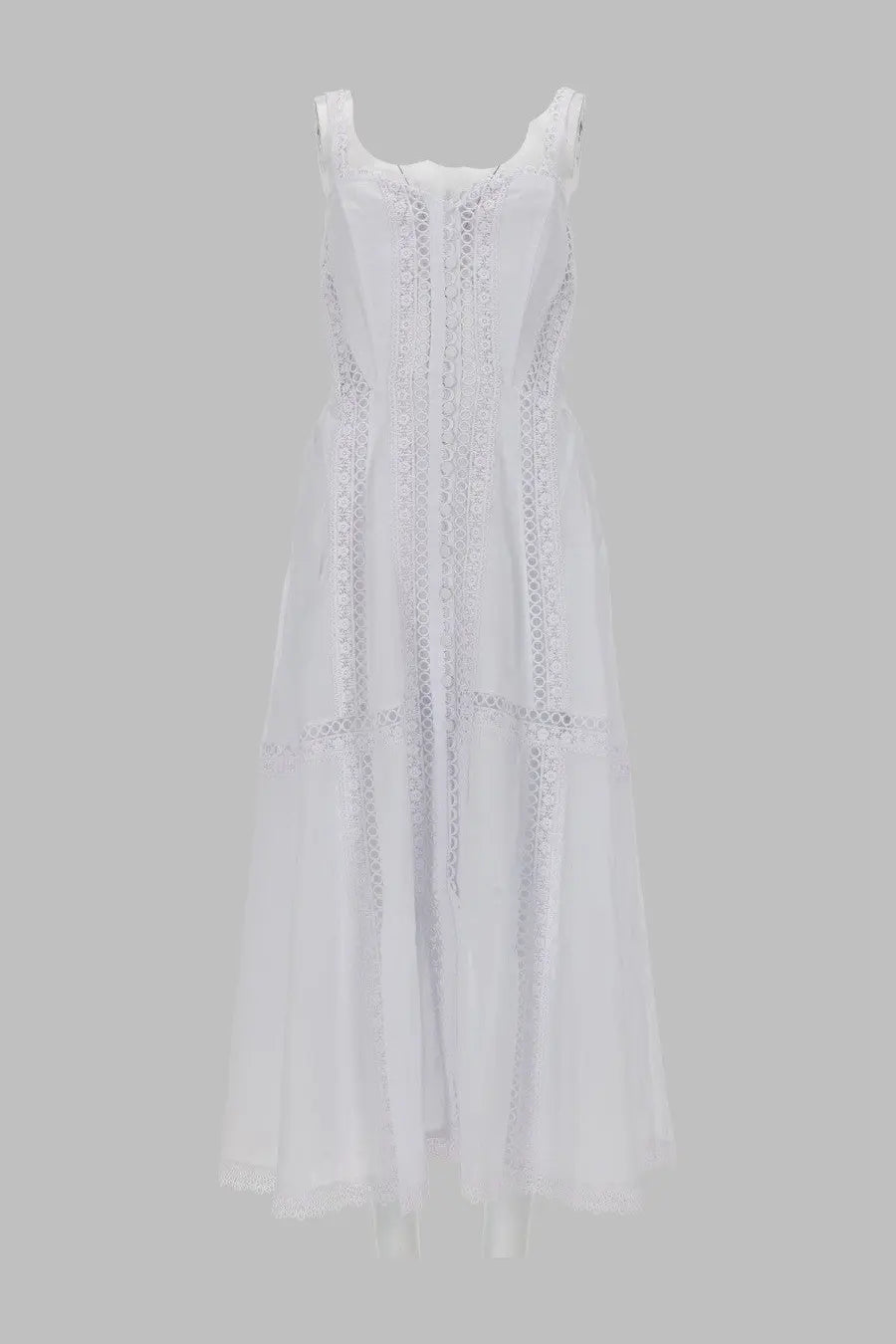 Charo Ruiz women’s abito lungo Dafelle white sleeveless dress with flowing fabric and delicate lace detailing