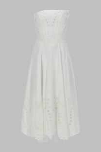 Charo Ruiz women’s abito lungo marlin white strapless dress with delicate eyelet lace on bodice and hem