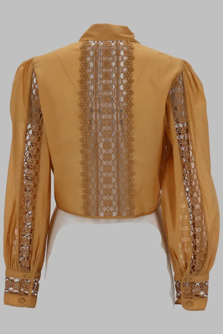 Charo ruiz women’s blusa devi beige showing back with mustard-yellow lace blouse high collar puffed shoulders