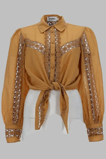 Charo Ruiz women’s blusa devi beige mustard yellow blouse with intricate lace detailing button-down collar and tied waist