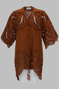 Charo Ruiz women’s blusa tao brown button-down blouse with intricate lace-like cutouts and scalloped edges