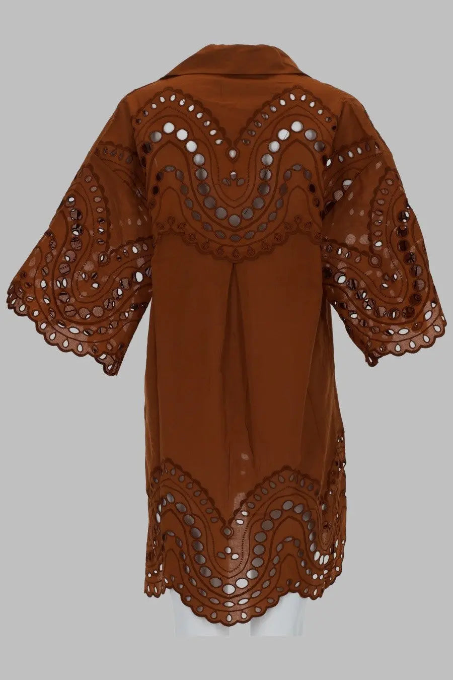 Charo Ruiz women’s brown blouse with intricate eyelet embroidery scalloped edges and semi sheer fabric