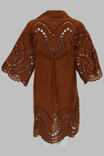 Charo Ruiz women’s brown blouse with intricate eyelet embroidery scalloped edges and semi sheer fabric