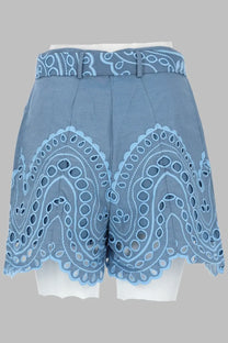 Charo Ruiz women’s light blue shorts with intricate embroidered paisley patterns and scalloped edges