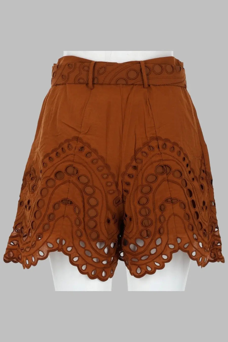 Charo ruiz women’s dune brown shorts with intricate circular cutout embroidery and matching belt