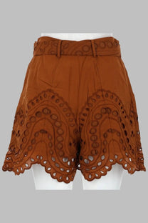 Charo ruiz women’s dune brown shorts with intricate circular cutout embroidery and matching belt