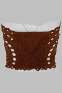 Brown corset-style top with intricate lace detailing and circular cutouts by charo ruiz womens top kai brown