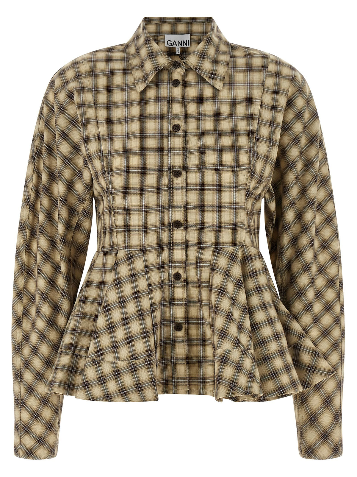 Ganni Check Flannel Peplum Shirt Beige