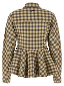 Ganni Check Flannel Peplum Shirt Beige