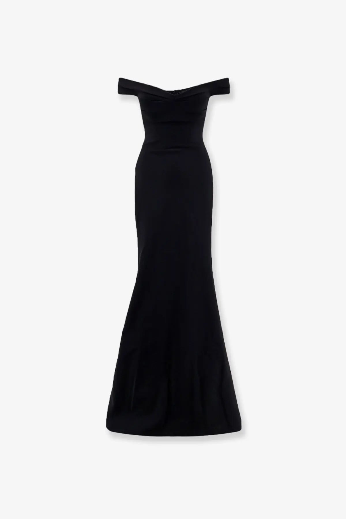 Chiara boni women’s goem satin long dress black off the shoulder mermaid gown with sleek form fitting silhouette