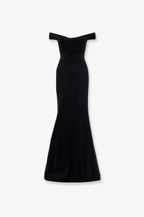 Chiara boni women’s goem satin long dress black off the shoulder mermaid gown with sleek form fitting silhouette
