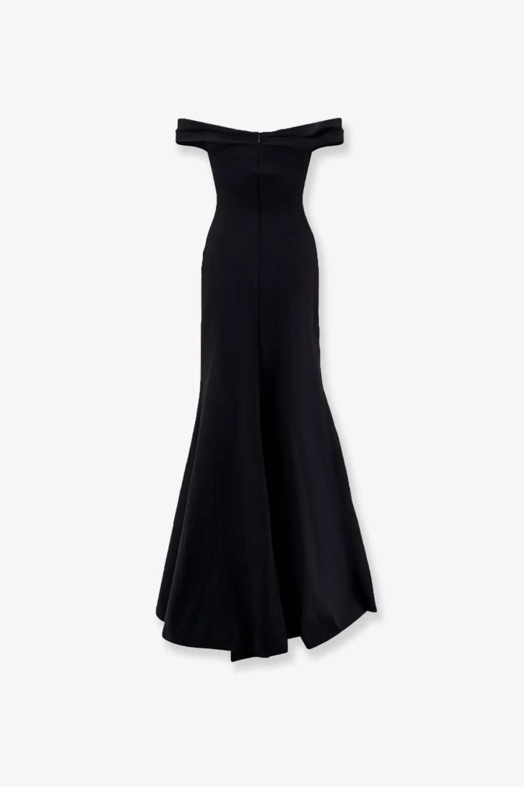Black off-the-shoulder mermaid gown with sleek silhouette and subtle sheen by chiara boni in satin material
