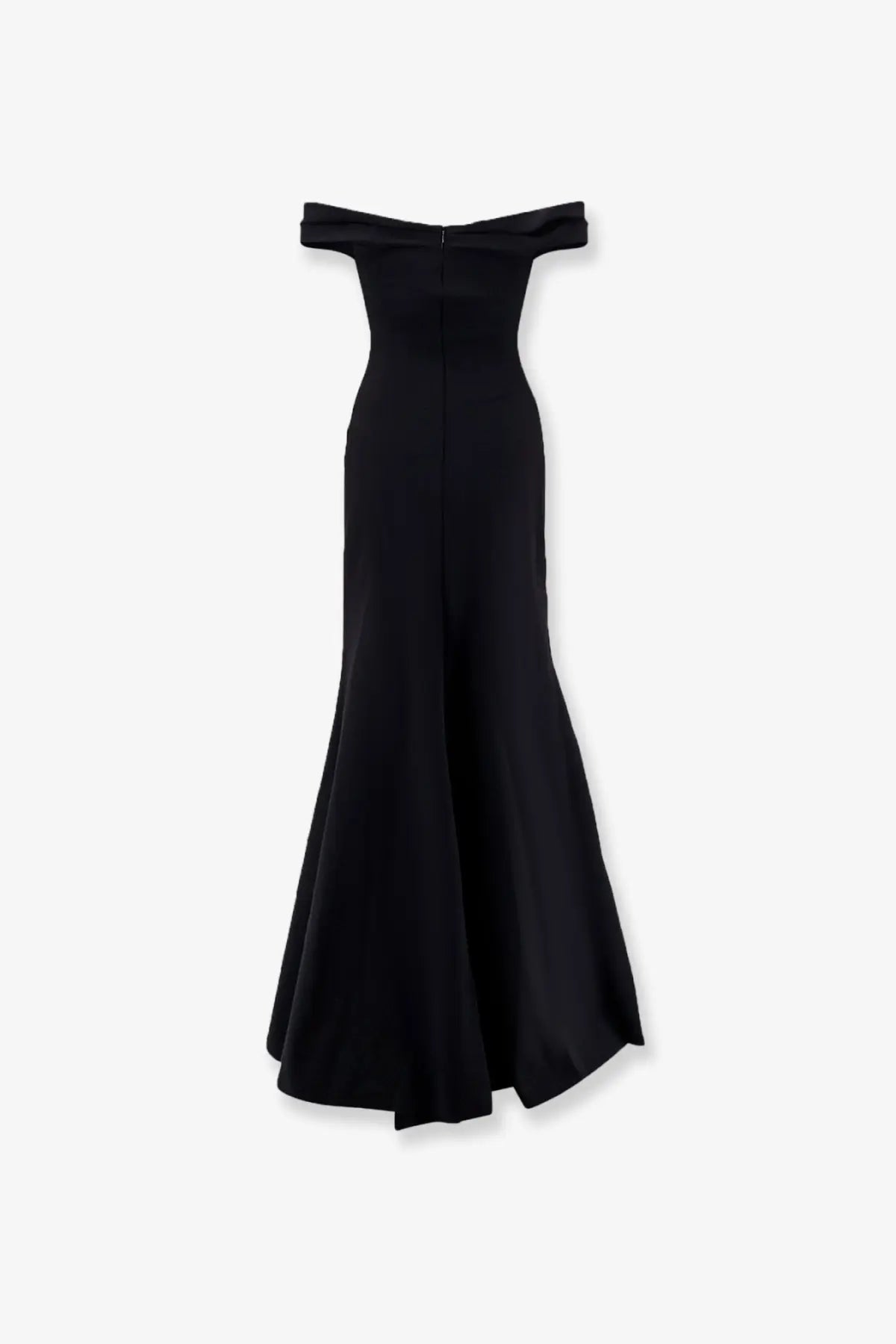 Black off-the-shoulder mermaid gown with sleek silhouette and subtle sheen by chiara boni in satin material